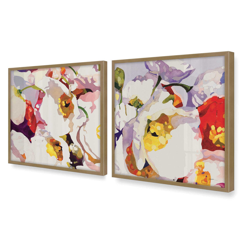 Ensemble de 2 impressions sur toile Vivid Floral Expressions, Cadre doré brossé, H 13,5 po x l 25,5 po x P 1,25 po