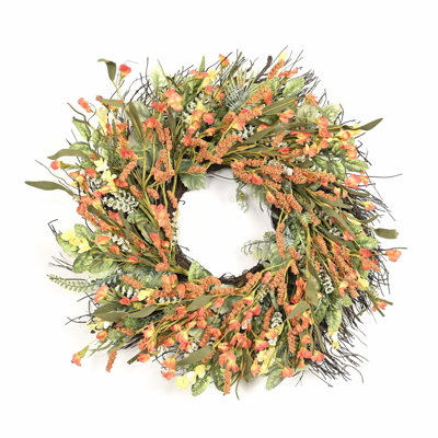 24 po de brindille rustique artificielle, verdure, feuillage, grappe, baies, fleurs sauvages, récolte d'automne, porte d'entrée, couronne, décor de l'Action de grâce