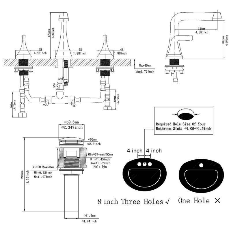 8 po Robinet de salle de bain à poignée double avec drain escamotable, Noir mat
