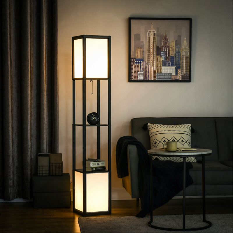 Lampe sur pied moderne avec tablettes et double éclairage ambiant