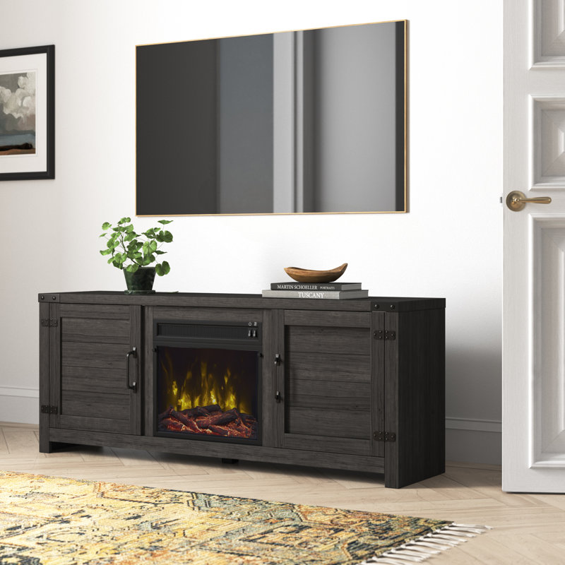 Meuble télé avec foyer électrique pour téléviseur de 65 po ou moins Guadalupe, Gris patiné