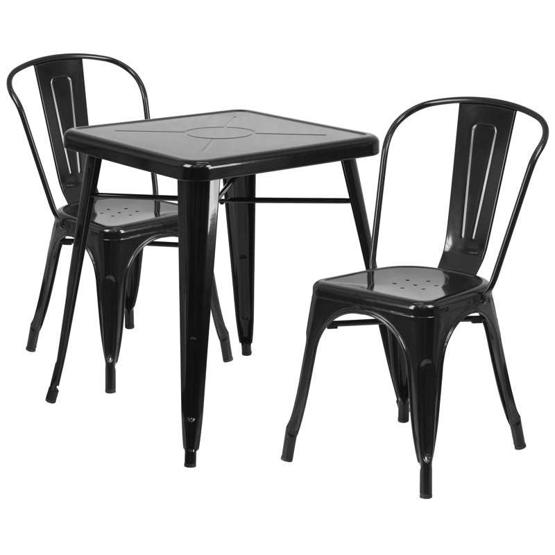 Geneen 23.75'' Square Metal Indoor-Outdoor Table Set with 2 Stack Chairs, Black Faux Leather