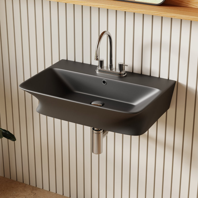 Lavabo mural rectangulaire en céramique avec trop-plein et trous pour robinet central Los Flexi, Noir
