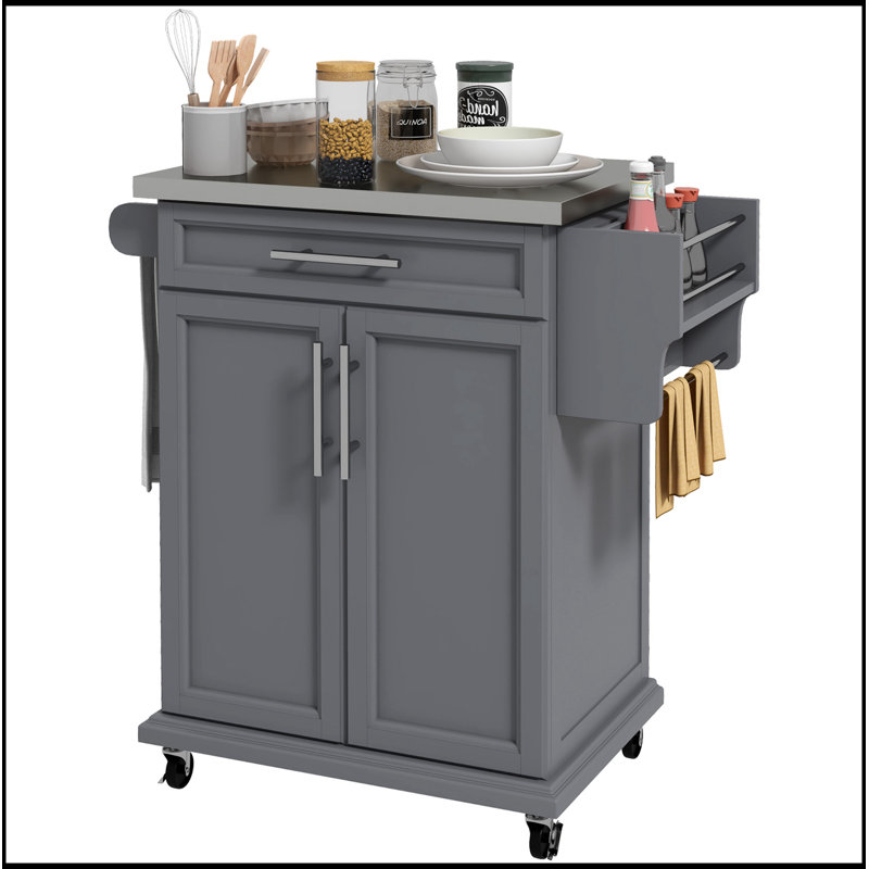 Rolling Kitchen Island with Stainless Steel Top, Drawer, Towel and Spice Racks for Enhanced Utility and Storage, Gray
