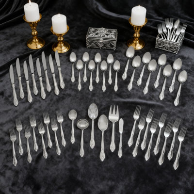 46-Piece Rose Monogram Flatware Set For 8 With Serving Utensils, 18/0 Heavy Gauge Stainless Steel, Mirror Polish Finish, Dishwasher Safe Silverware