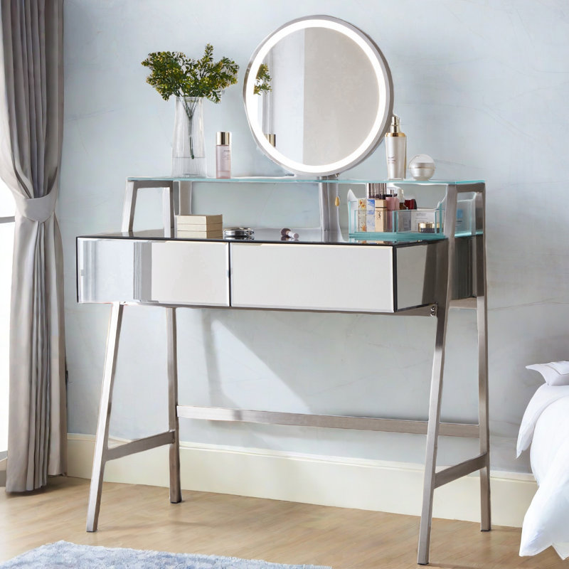 Coiffeuse Fumiaki avec miroir éclairé, 2 tiroirs, une tablette ouverte, des boîtes de rangement et une station de charge