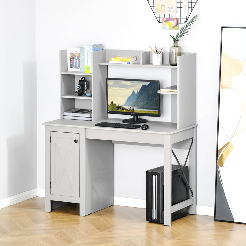 Bureau d'ordinateur avec huche et armoire, bureau à domicile avec rangement, Gris clair