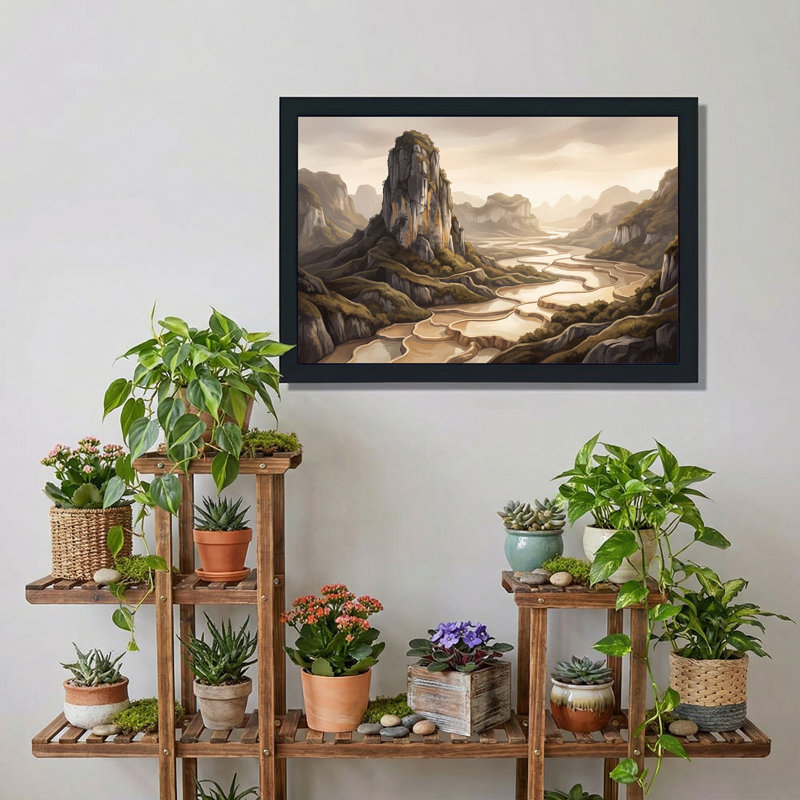 Tableau sur toile représentant des champs en terrasses aux tons sépia dans une vallée de montagne brumeuse, H 12 po x l 18 po
