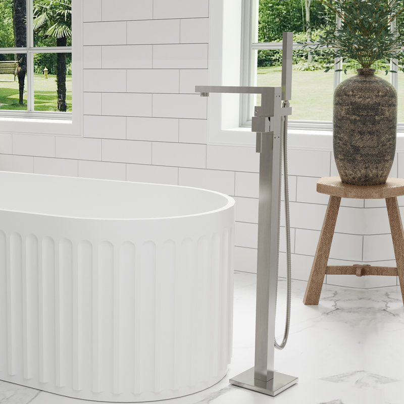Single-Handle Floor Mounted Freestanding Bath Tub Filler with Hand Shower, Brushed Nickel
