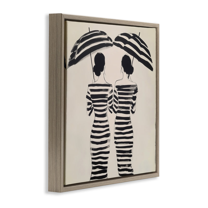 Two Women in Rain Stripes Floating Frame, design by Annabelle Hall, Montalcino Elm Floater Frame, 18" H x 18" W