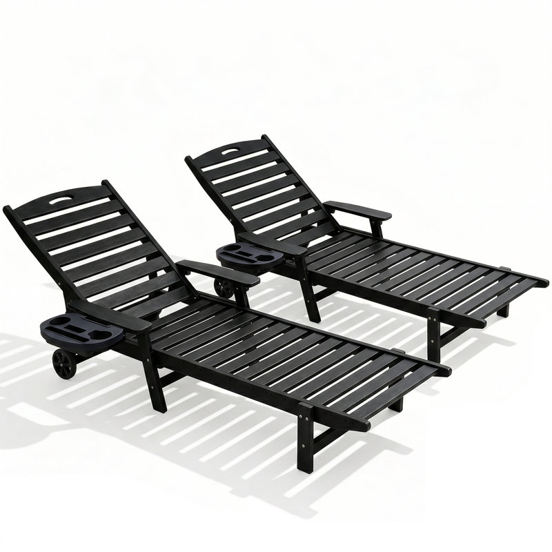 Chaise longue ajustable en PEHD avec table inclinable inclinable à 5 positions et roulettes intégrées pour terrasse de piscine (ensemble de 2)