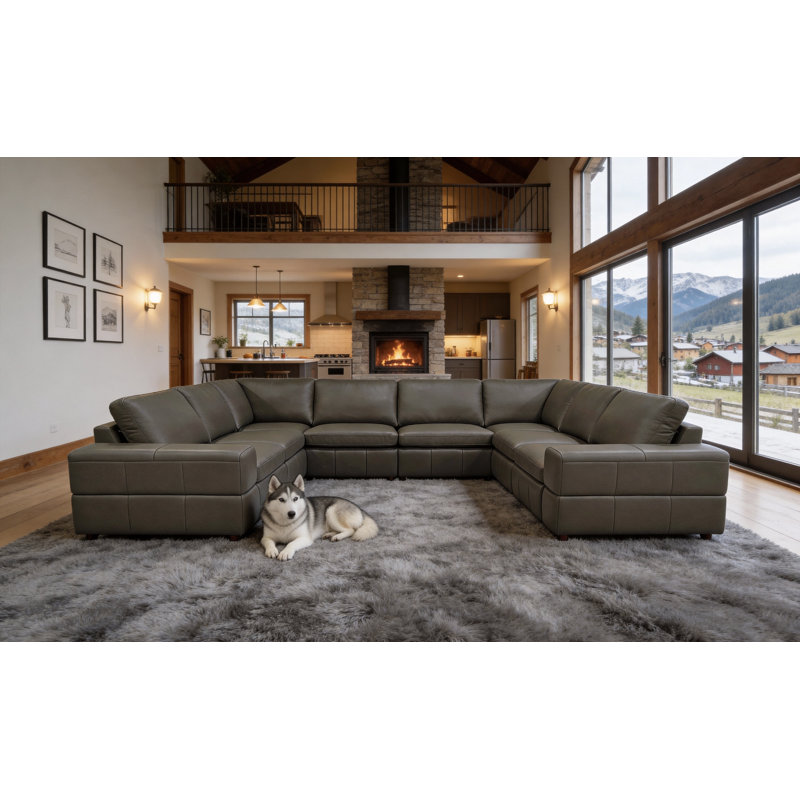 Canapé modulaire inclinable en cuir Tersteot, Olive Leather Match