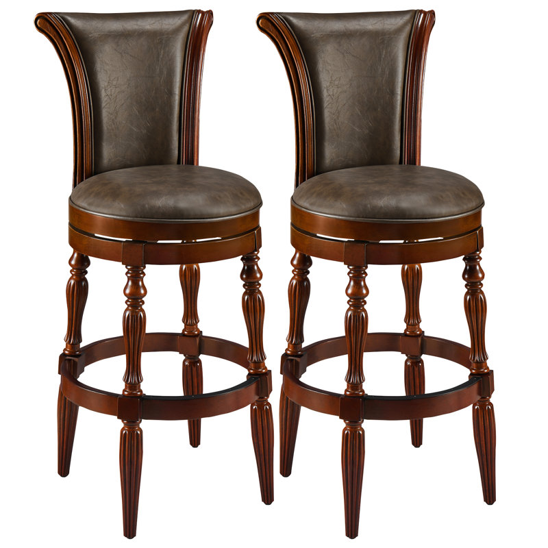 Laiklyn Swivel Solid Wood Bar Stool with PU Upholstered Cushion and Footrest, 2, Brown