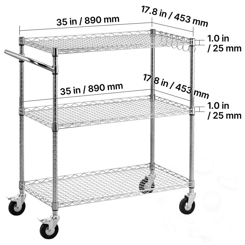 Chariot-bar roulant à 3 niveaux avec tablettes
