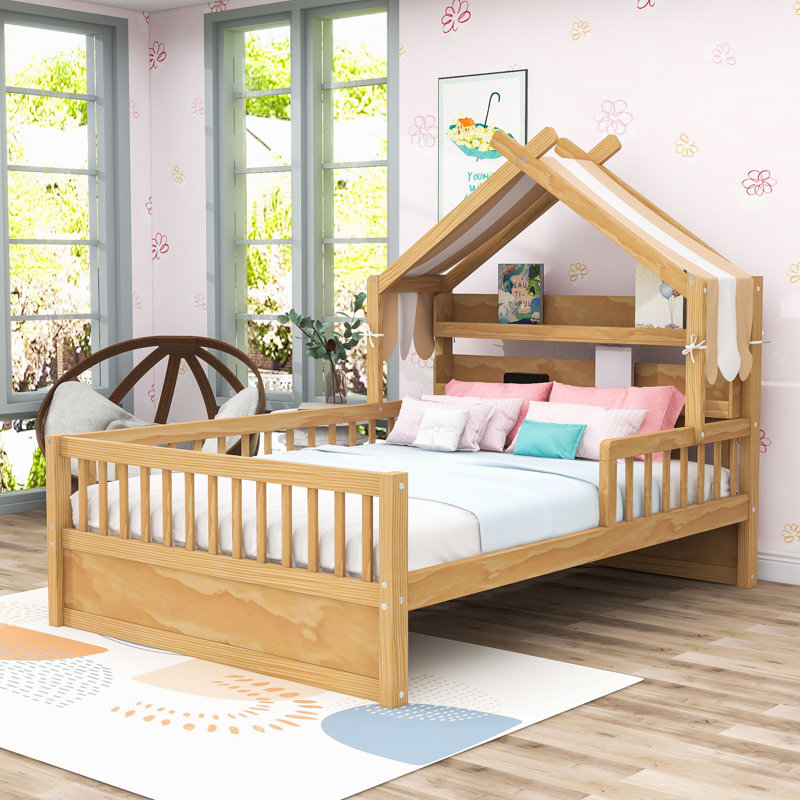Lit maison en bois avec tablette de rangement, auvent amovible et garde-corps, Lit double, Naturel