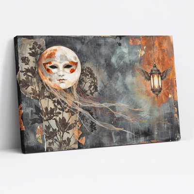 Art mural sur toile, masque blanc et lanterne ailée en texture cuivre