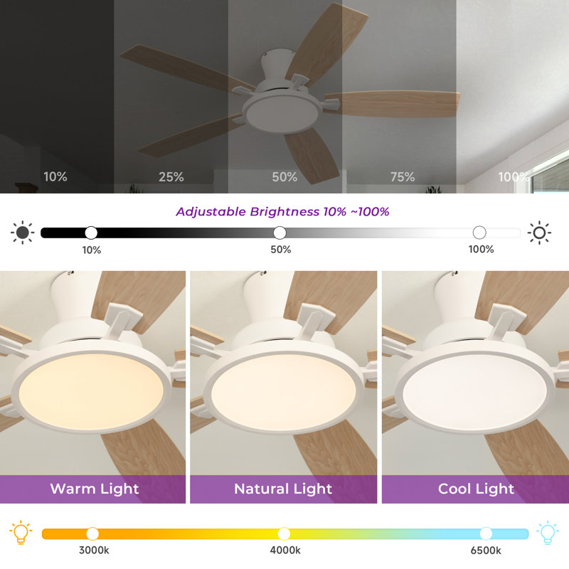 Karlena 52'' Ceiling Fan With Led Lights And Remote Control, White with White/Oak Blades