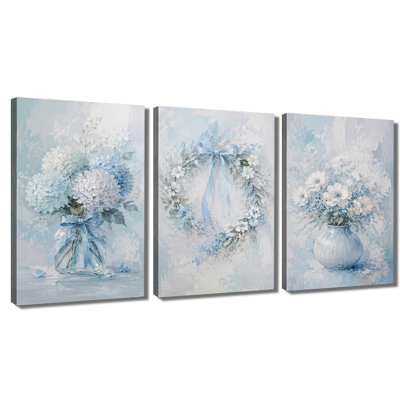 3 panneaux muraux hortensia bleu clair avec vase imprimé floral sur toile pour le salon