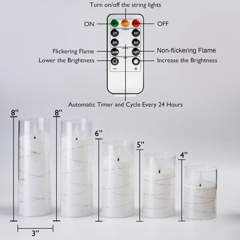 Flameless Candles With Embedded Star String Fairy Lights, Battery Operated Candles, LED Candles, Fake Candles With Remote Control And Timer, Acrylic, Set Of 5(H4 5" 6" 8" 8")