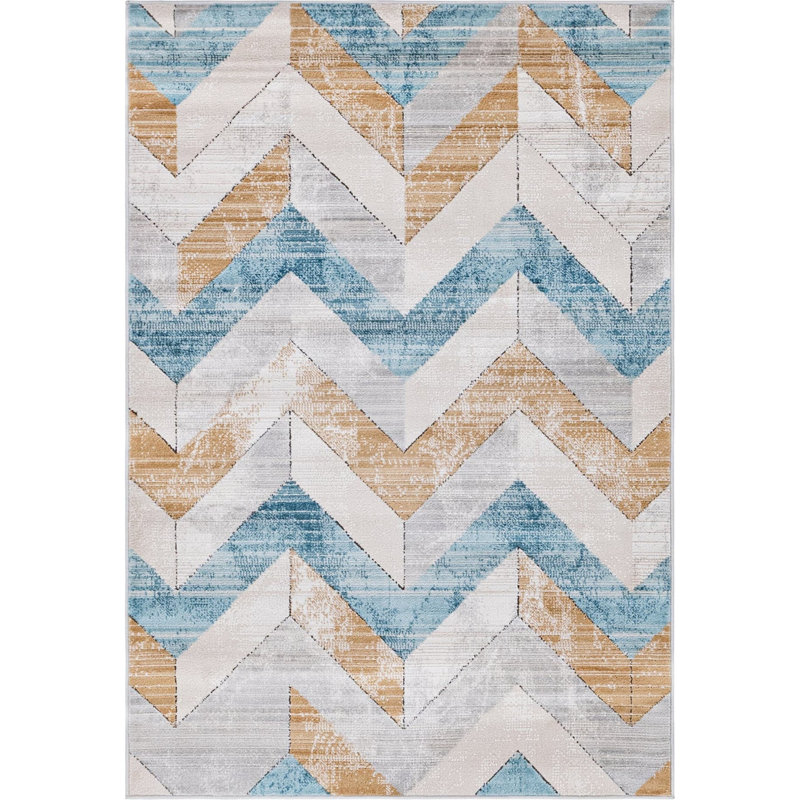  Tapis à chevrons beige / bleu, Rectangle 4 pi 1 po x 6 pi 1 po