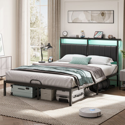 Bed Frame With Storage Headboard Shelf, Full & Queen Size Platform Bed With Led Lights & Usb Ports