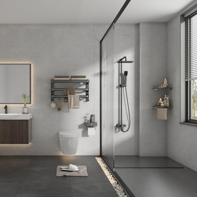 Porte-serviettes 24 po, tablette de salle de bain avec 2 porte-serviettes pliable et 7 crochets pour rangement mural pour salle de bain et lavabo (noir mat)