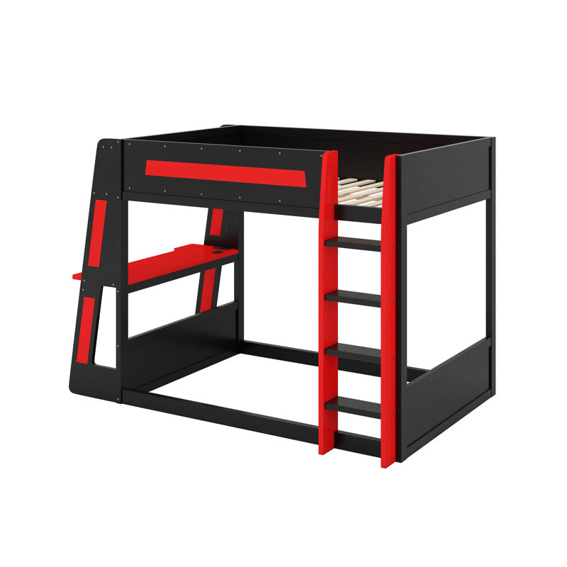 Lit superposé double en bois pleine grandeur avec bureau, deux tablettes de rangement, USB et lumière DEL, Lit double