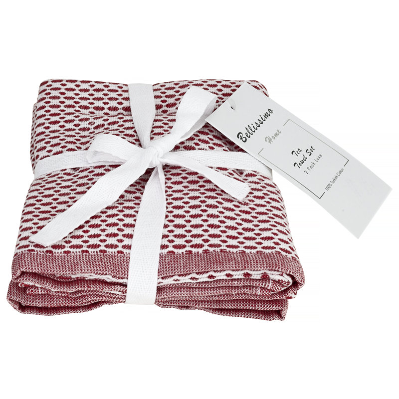 Cotton Waffle Kitchen Towel Linen Set, White/Red