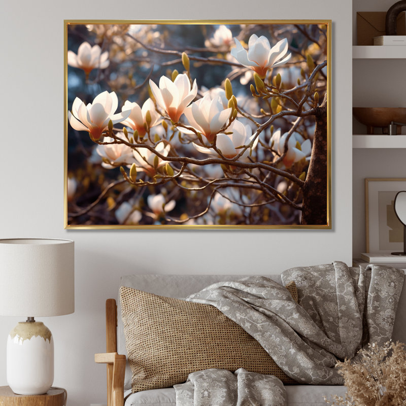 Paysage de magnolia blanc et rose V, H 30 po x l 40 po x P 1,5 po, Toile dorée