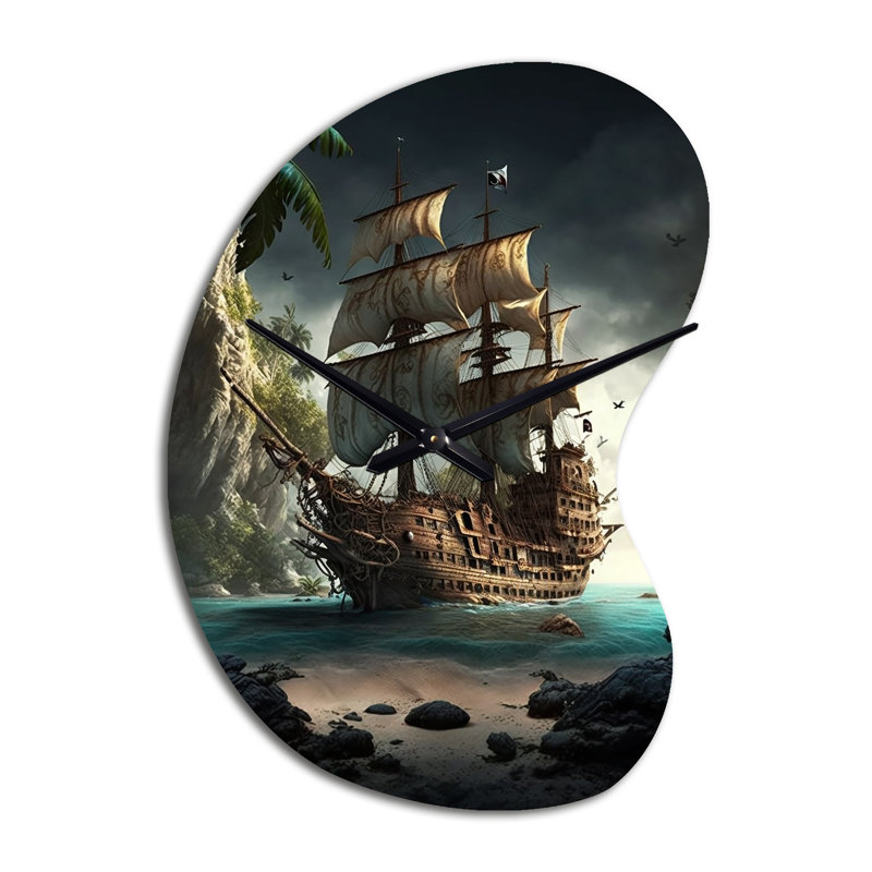 Bateau pirate sur l'océan - Horloge murale en forme de bateau, horloge murale asymétrique traditionnelle, Grand