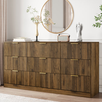 Fluted Dresser For Bedroom With 9 Drawers, 63" Wide Modern Chest Of Drawers With Metal Handle