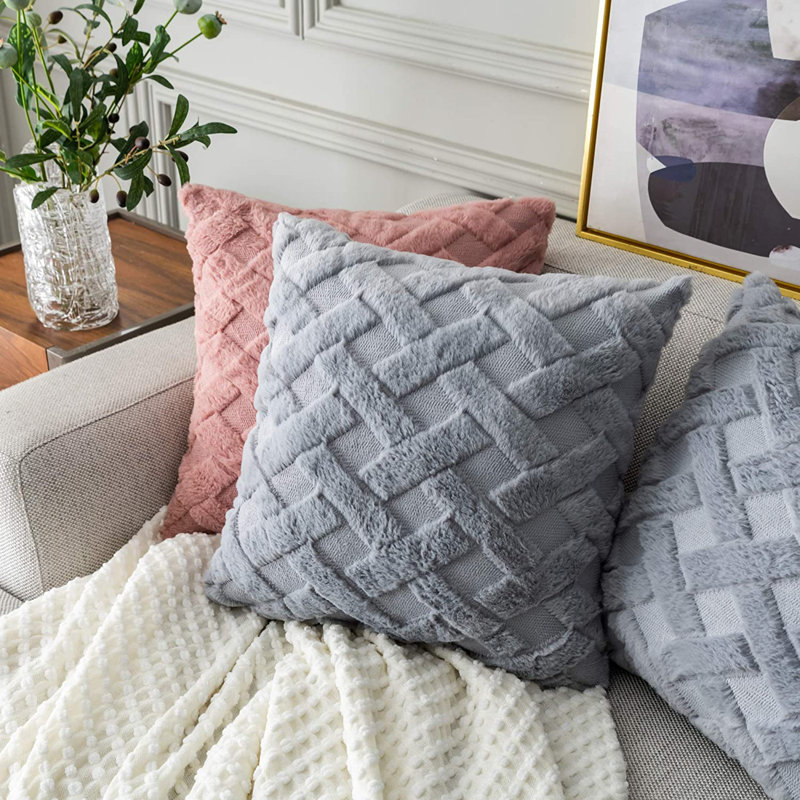 Ensemble de 2 coussins décoratifs en fausse fourrure, gris