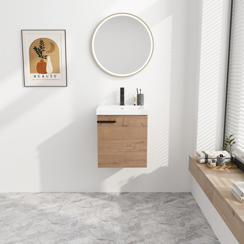 Coryna 18" Wall Mounted Single Bathroom Vanity Set with Ceramic Top without Faucet, 23.02" H x 18" W x 15.22" D,  Light Brown