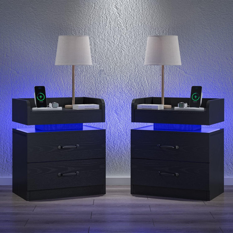 2 - Drawer Nightstand with Charging Station and LED Light,USB Ports and Outlets, Set of 2, Black