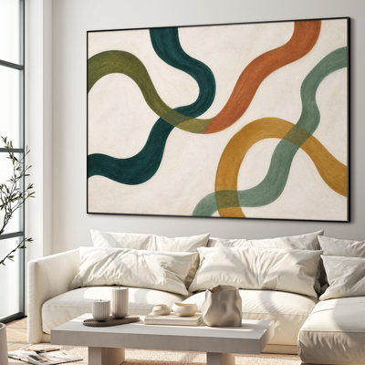 Très grand art mural imprimé sur tissu - Lignes courbes abstraites entrelacées dans des tons de terre pour le salon ou la chambre à coucher - «Assemblage requis du cadre (cadre non fini)»