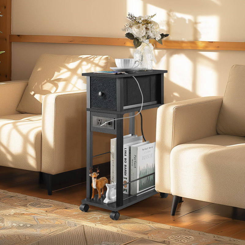 Side Table With Charging Station And Drawer, Narrow End Table With USB Ports And Outlets, With 4 Wheels,(Black)