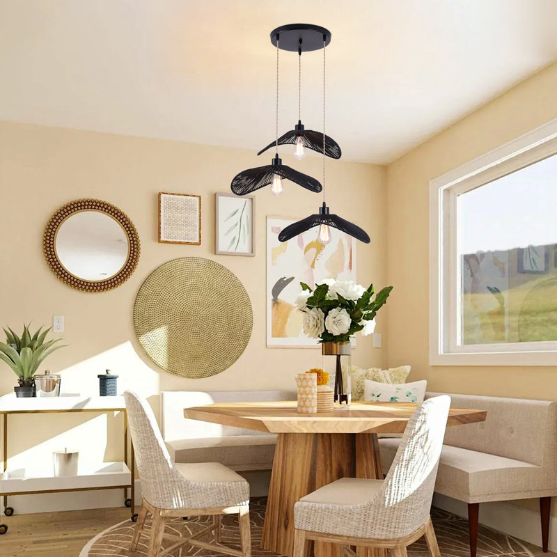 3 - Light Rattan Farmhouse Cluster Pendant Light, Black