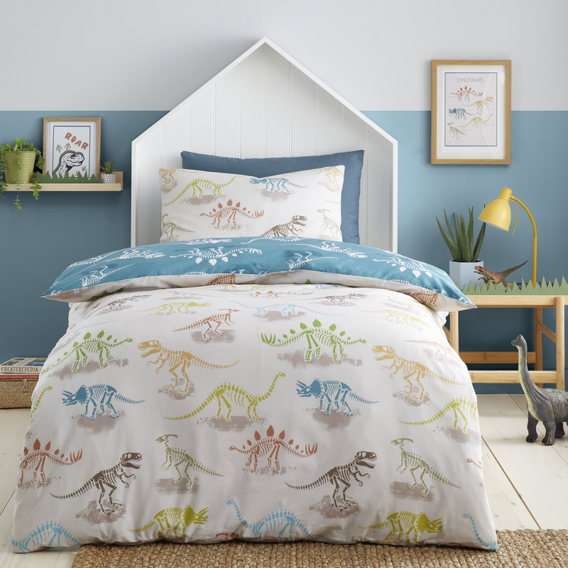 Skeleton Dino Cotton Blend Animal Print Duvet Cover Set, Single