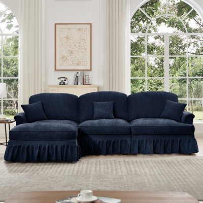 Blue 3 Chenille Modular Sectional Couch With Flared Arms, Detachable Ruffles And Spindle Legs - Comfort For Living Spaces 3 , Movable Mid Century Style Diverse Configurations
