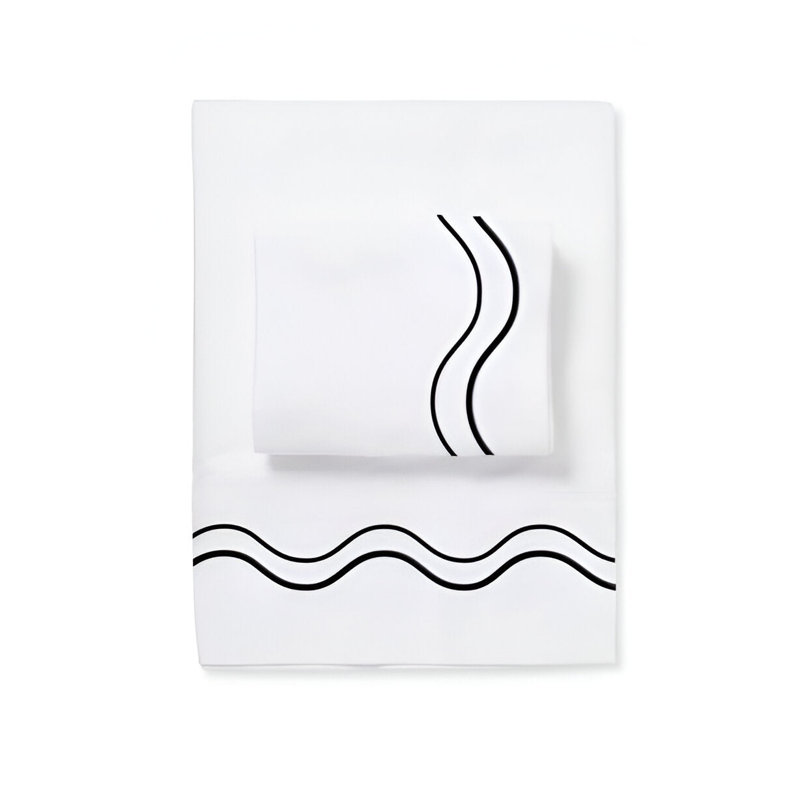 Double Wavy Embroidered Cotton 4 Piece Sheet Set Fitted Sheet Fits Upto 16" Deep Pocket, Black Border