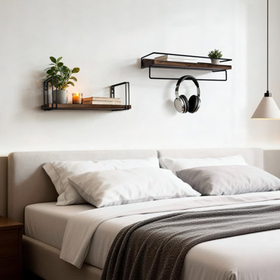 Ensemble de 2 tablettes flottantes en noyer massif avec barre à serviettes pour rangement mural dans la cuisine