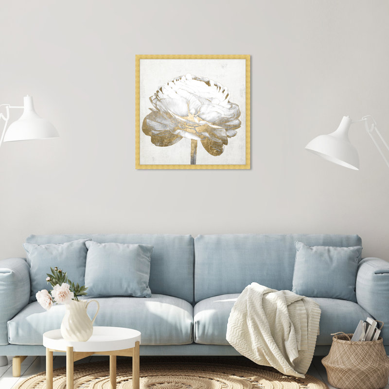 «Gold and Light Floral II» blanc - peinture encadrée sur papier, H 26 po x l 26 po, Doré