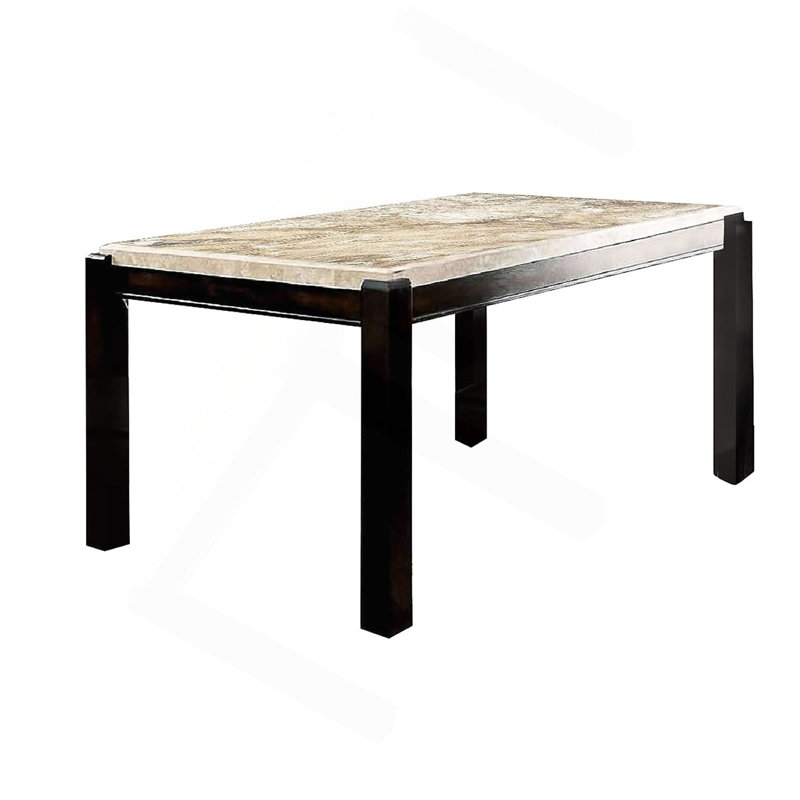 Table de salle à manger transitionnelle en noyer foncé avec plateau en marbre véritable ivoire et table rectangulaire