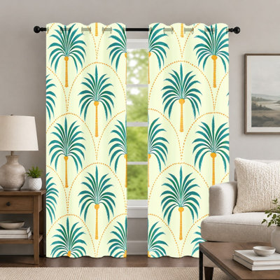 2Pcs Green Palm Tree Pattern Curtains, Tropical Style Curtain, Bohemian Botanical Printed Art Grommet Drapes, Window Treatment for Bedroom Living Room Decor