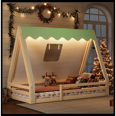 Lit simple au sol avec tente et lit léger, lit en tepee en bois massif avec garde-corps pleine longueur, conception Montessori et enfantine, naturel et vert