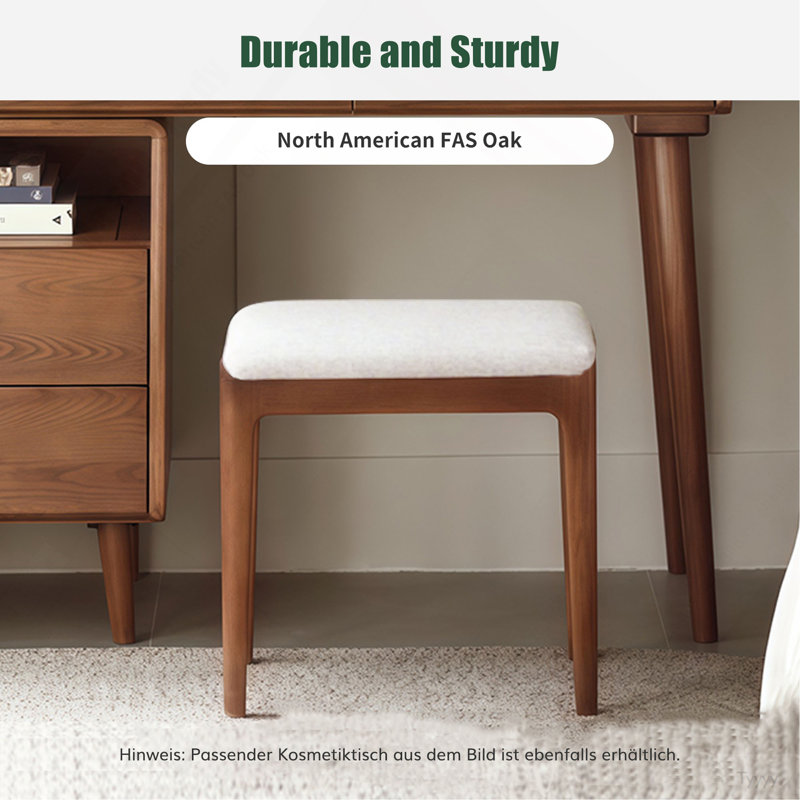 Walnut Color Red Oak Solid Wood Bedroom Vanity Stool With Off-White Seat Natural Wood Channel Stool, Brown