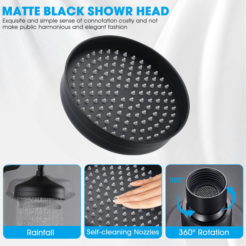 8-Inch Complete Rain Shower Combo System, Air-Injection Rainfall Spray, 3-Function Hand Shower, Wall Mounted in Matte Black
