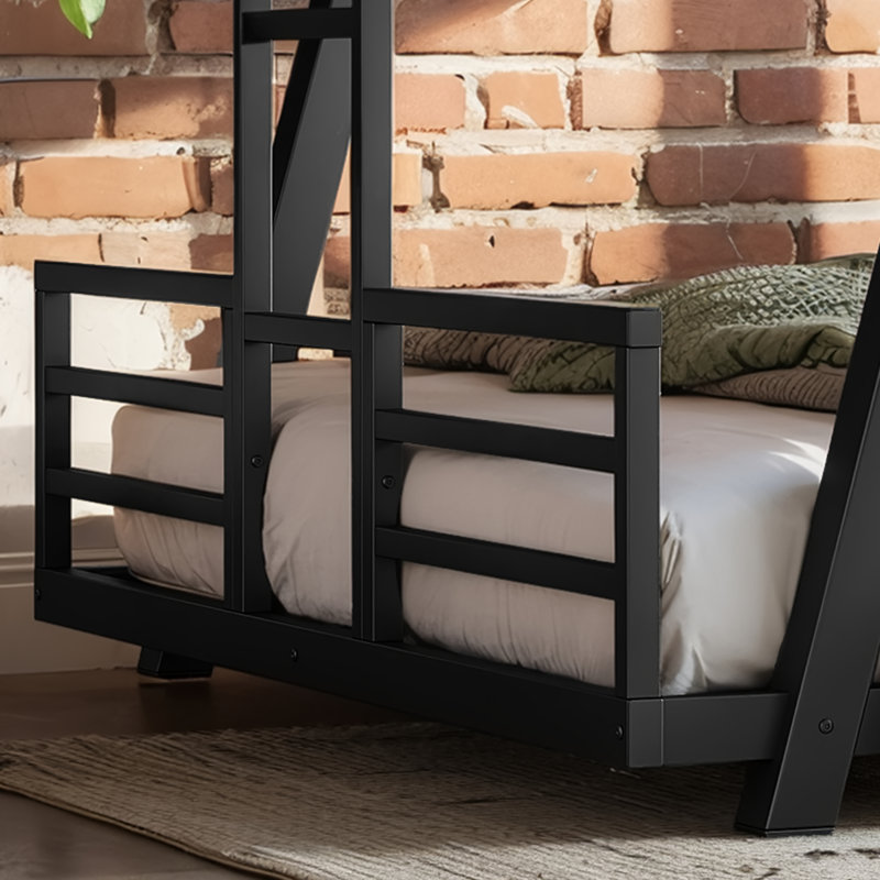 Structure de lit superposé en métal pour grand lit et grand lit avec échelle à 2 côtés et pieds de soutien spéciaux, pour les adolescents, lit superposé à profil bas avec lattes, aucun sommier requis, assemblage facile, pour la chambre à coucher, noir