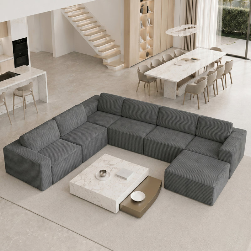 Modular Oversized 404cm 6-seater L-shaped Boneless Corduroy Sofa, No Assembly Required, Left Hand Facing, Grey