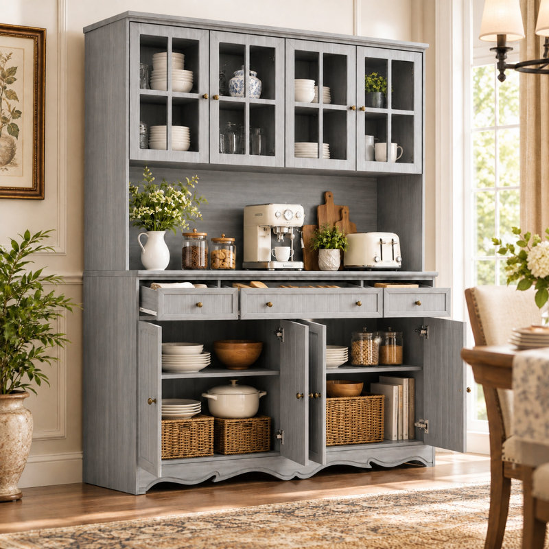 61.2"W Kitchen Pantry Cabinet with Glass Doors, 3 Drawers, & Adjustable Shelves